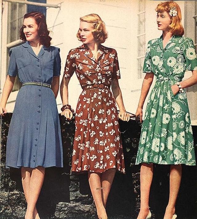 Bold floral patterns and cinched waists defined the elegance of 40s classic fashion.